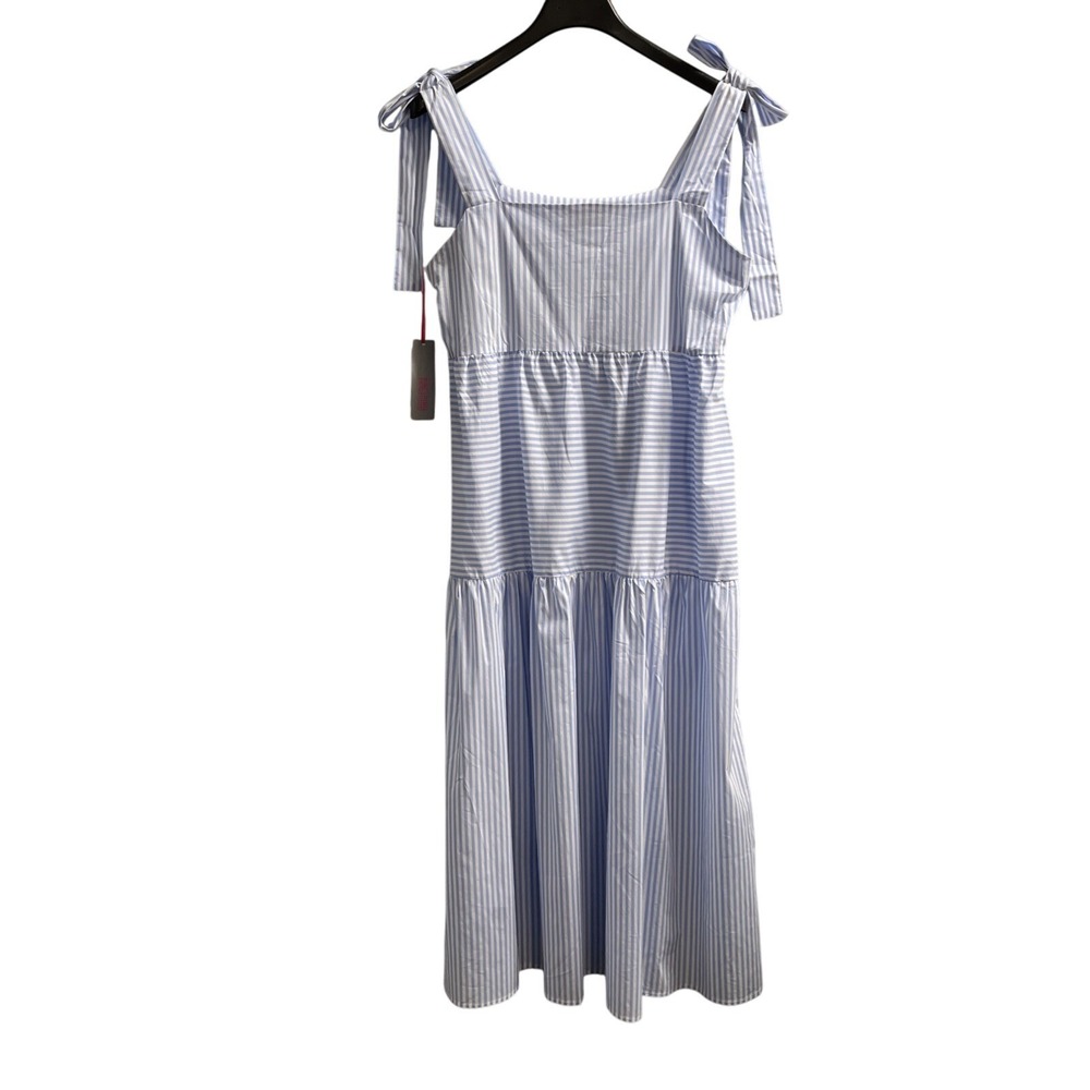 For Cynthia Dress Women XL Blue Striped Tiered Maxi Tie Shoulders Beach Nautical